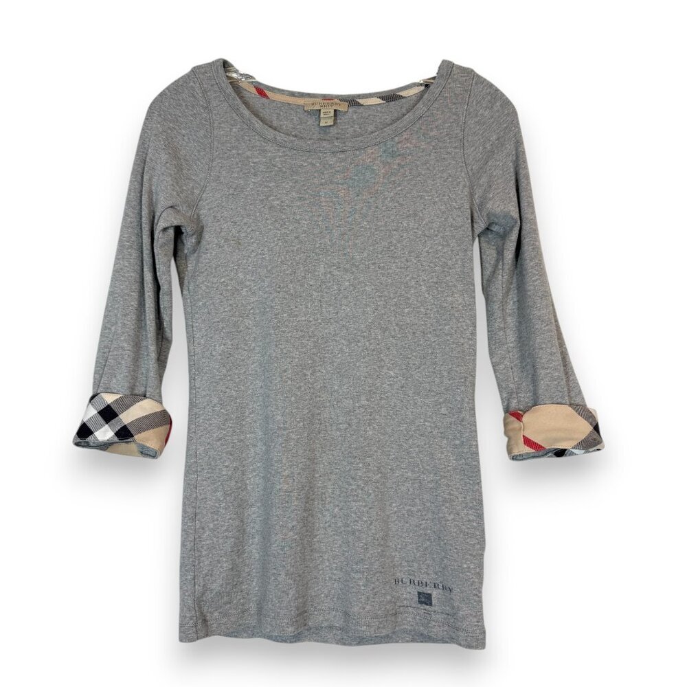 Burberry Gray Long Sleeve Tee with Check Cuffs